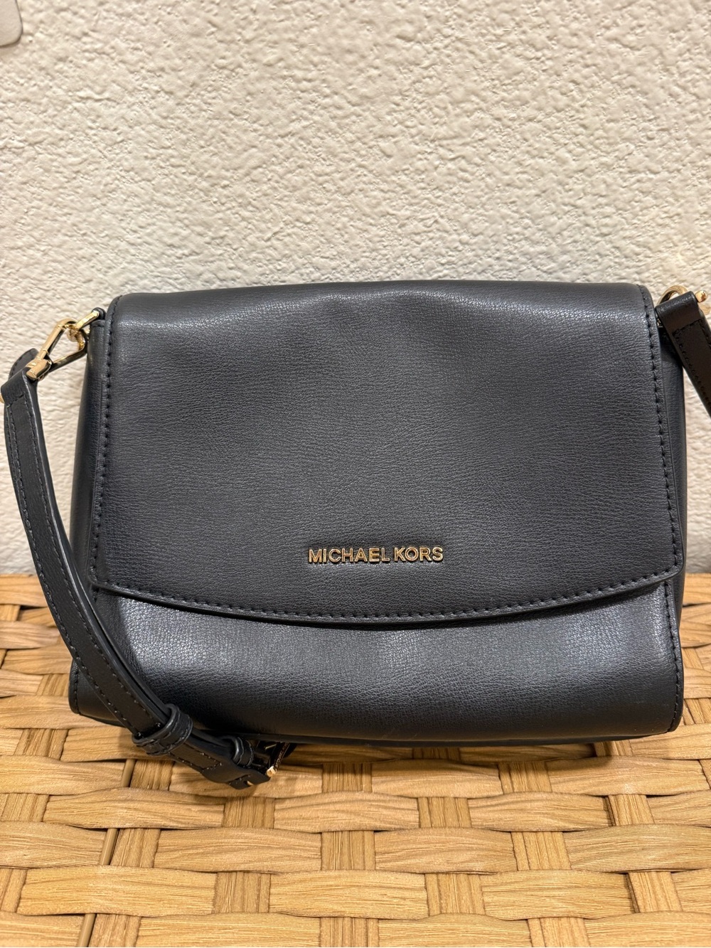 Michael Kors Black Leather Flap Crossbody with Gold Logo